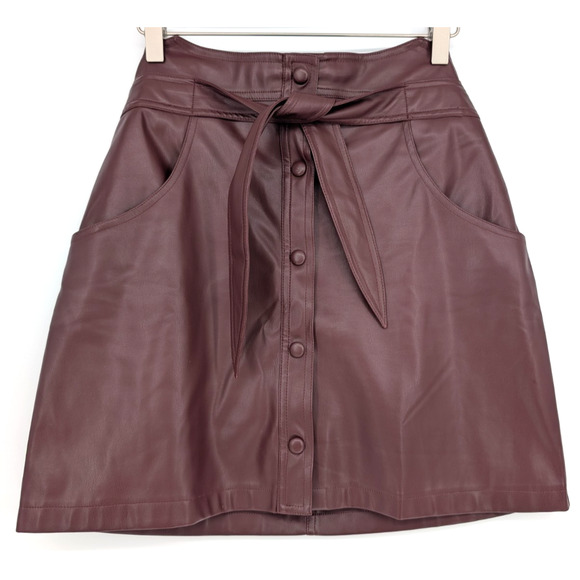 Bishop & Young Burgundy Vegan Leather Mini Skirt Small Button Up Tie Waist Retro - Picture 4 of 11